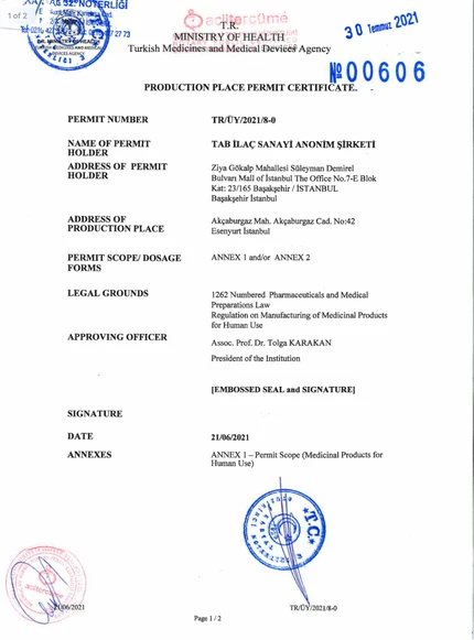 Production place permit (annex)